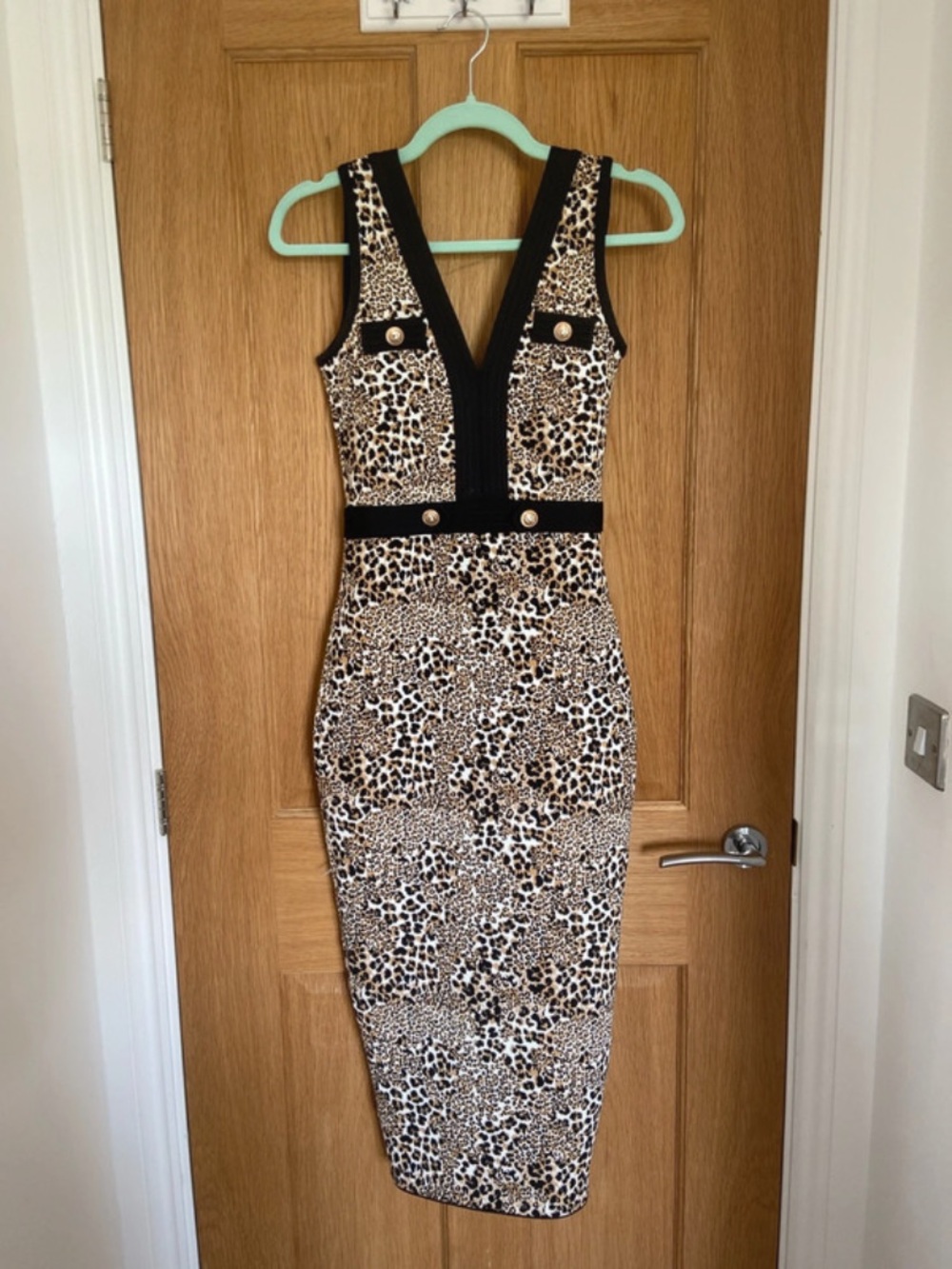 Karen Millen Leopard Print Midi Dress with Black Trim and Gold Buttons